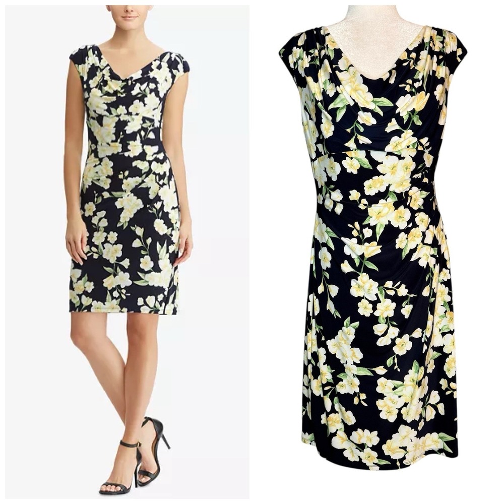 Lauren Ralph Lauren Womens 14 Navy Yellow Floral Cowl-Neck Jersey Dress Ruched
